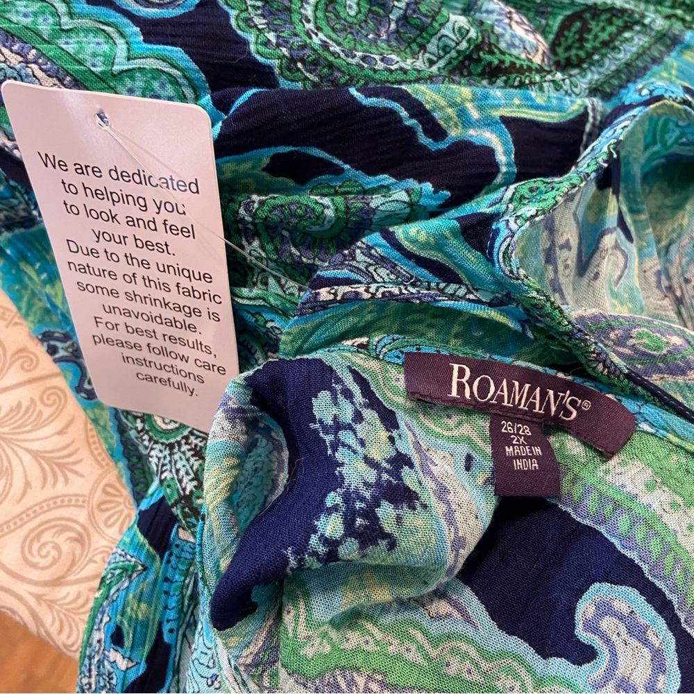 NWT New Roaman's Paisley Maxi Dress Gauze Crinkle Volup 2X Blue Green 26/28 - Picture 9 of 10